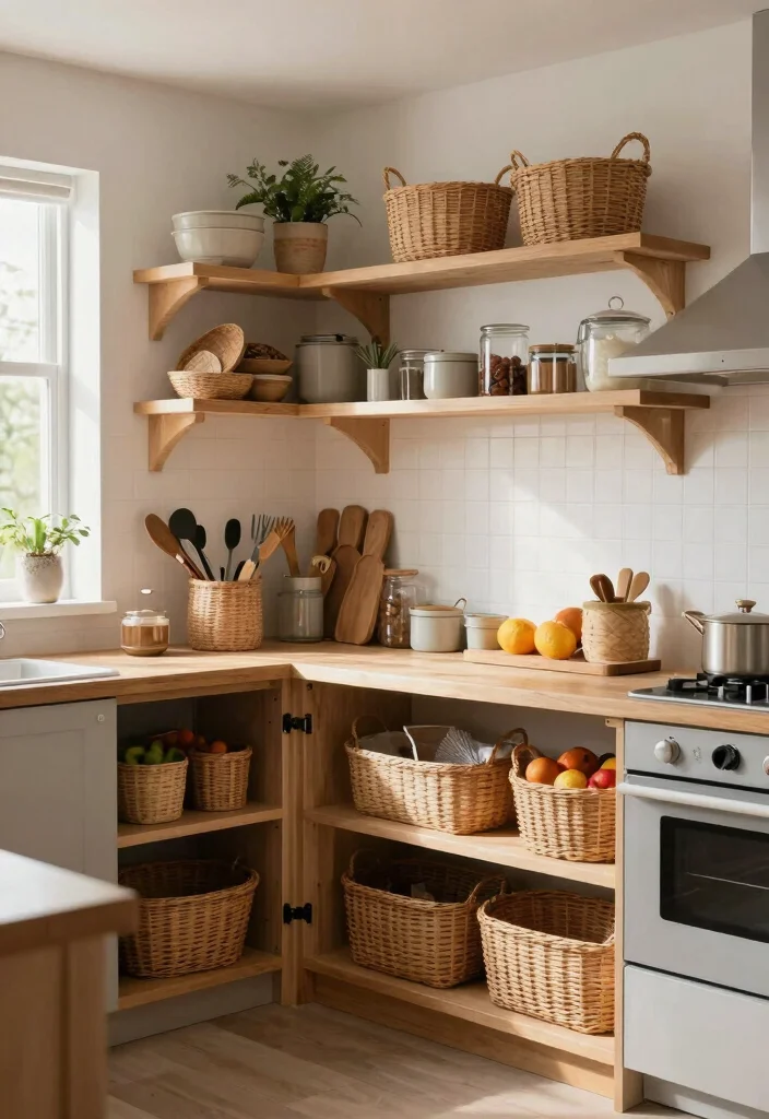 16 Open Shelf Kitchen Ideas That Feel Airy & Organized - 8. Open Shelves with Baskets 1