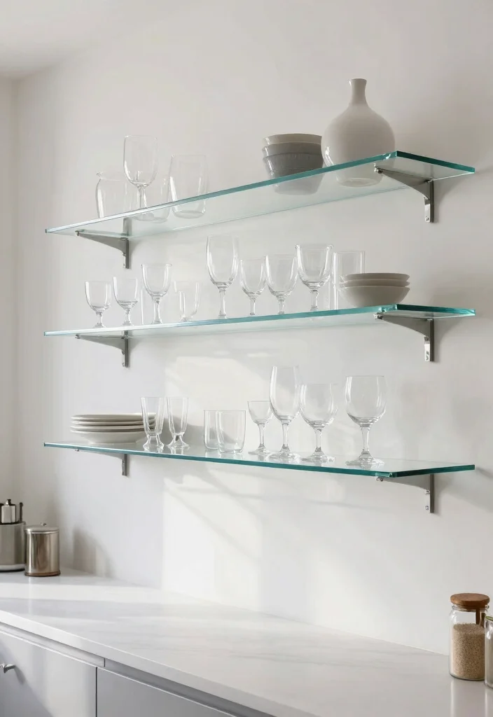 16 Open Shelf Kitchen Ideas That Feel Airy & Organized - 9. Stylish Glass Shelves 1