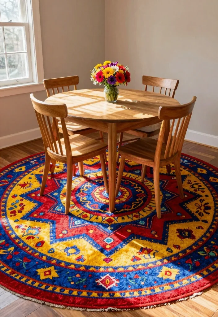 16 Round Dining Room Rug Ideas That Balance Your Space 1 16 Round Dining Room Rug Ideas That Balance Your Space - 1. Vibrant Mandala Magic 1