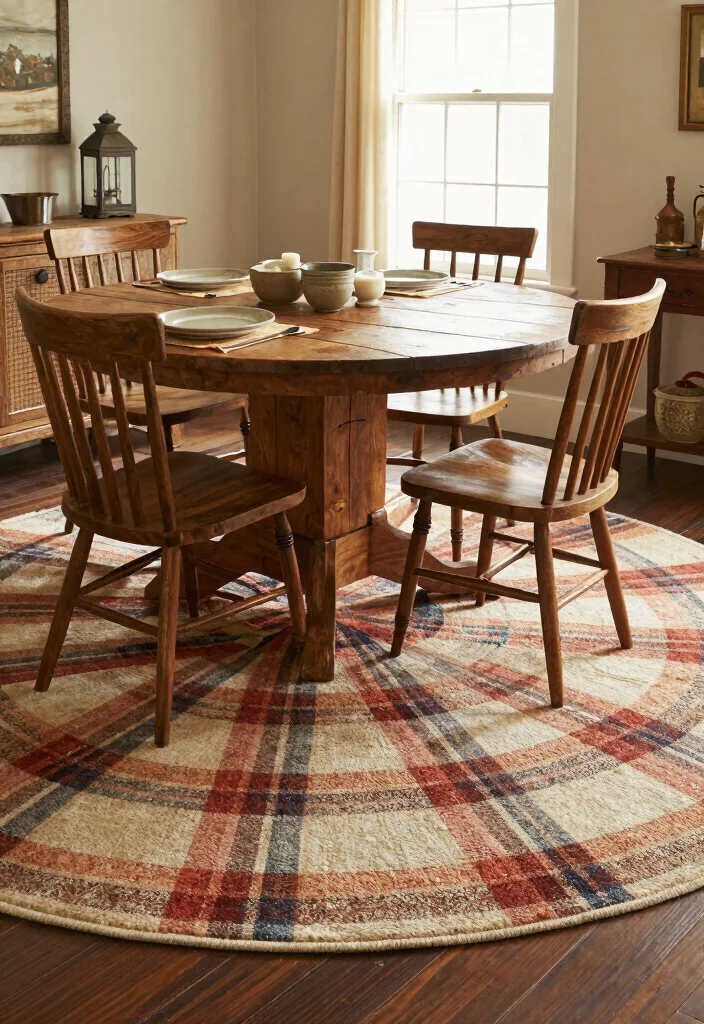 16 Round Dining Room Rug Ideas That Balance Your Space 41 16 Round Dining Room Rug Ideas That Balance Your Space - 11. Rustic Farmhouse Charm 1