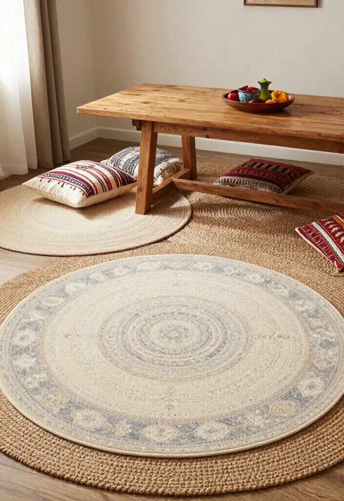 16 Round Dining Room Rug Ideas That Balance Your Space 26 16 Round Dining Room Rug Ideas That Balance Your Space - 6. Cozy Bohemian Layers 1