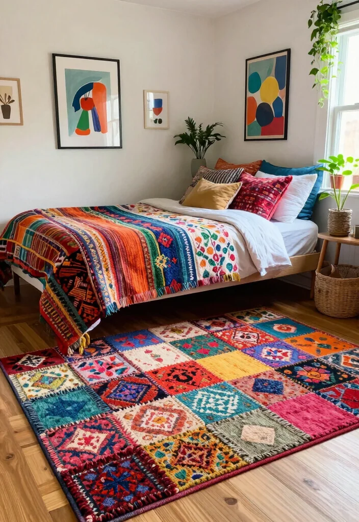 16 Rug for Bedroom Ideas That Instantly Warm Up Your Space - 13. Multi-Colored Patchwork Rugs 1