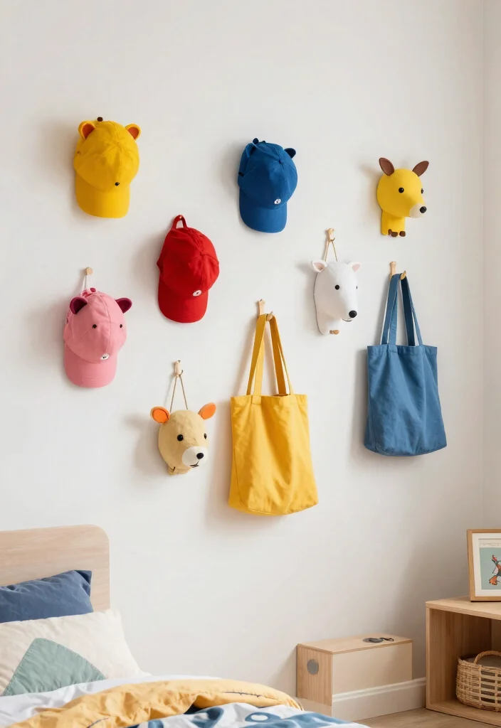 16 Wall Decor Kids Room Ideas Full of Fun - 11. Artful Wall Hooks 1