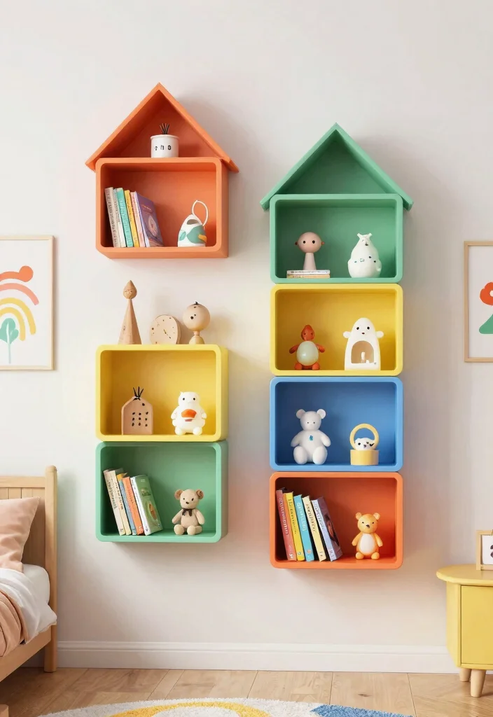 16 Wall Decor Kids Room Ideas Full of Fun - 13. Colorful Wall Shelves 1