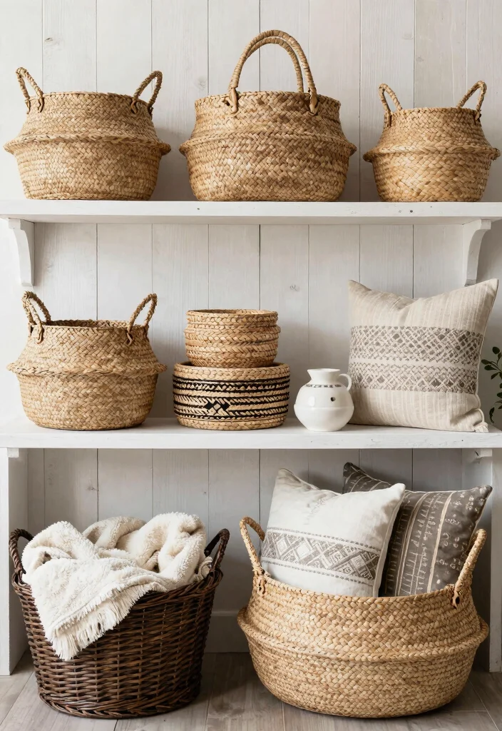 17 Farmhouse Shelf Decor Living Room Ideas That Feel Cozy 1 17 Farmhouse Shelf Decor Living Room Ideas That Feel Cozy - 1. Layered Textures with Baskets 1