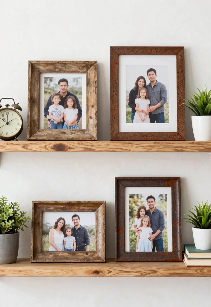 17 Farmhouse Shelf Decor Living Room Ideas That Feel Cozy 50 17 Farmhouse Shelf Decor Living Room Ideas That Feel Cozy - 10. Rustic Frames for Personal Touch 1