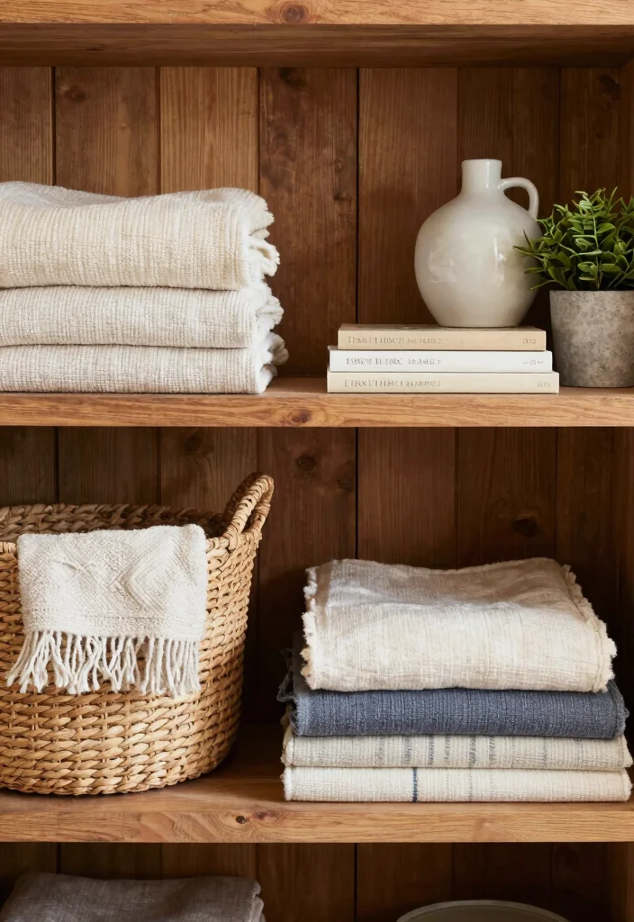 17 Farmhouse Shelf Decor Living Room Ideas That Feel Cozy 64 17 Farmhouse Shelf Decor Living Room Ideas That Feel Cozy - 14. Layering with Fabrics 1