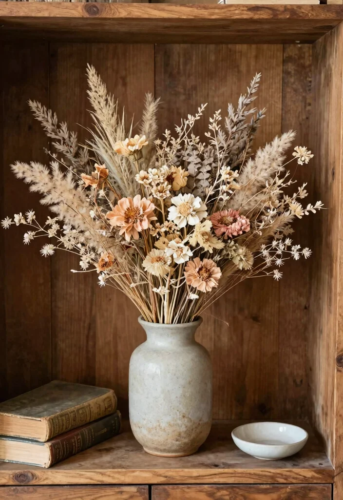 17 Farmhouse Shelf Decor Living Room Ideas That Feel Cozy 66 17 Farmhouse Shelf Decor Living Room Ideas That Feel Cozy - 16. Incorporate Nature with Dried Flowers 1