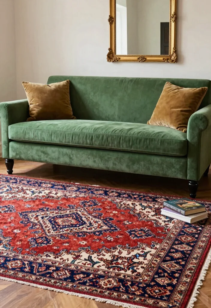 17 Green Couch Rug Ideas That Match Perfectly - 10. Vintage Persian Rugs 1