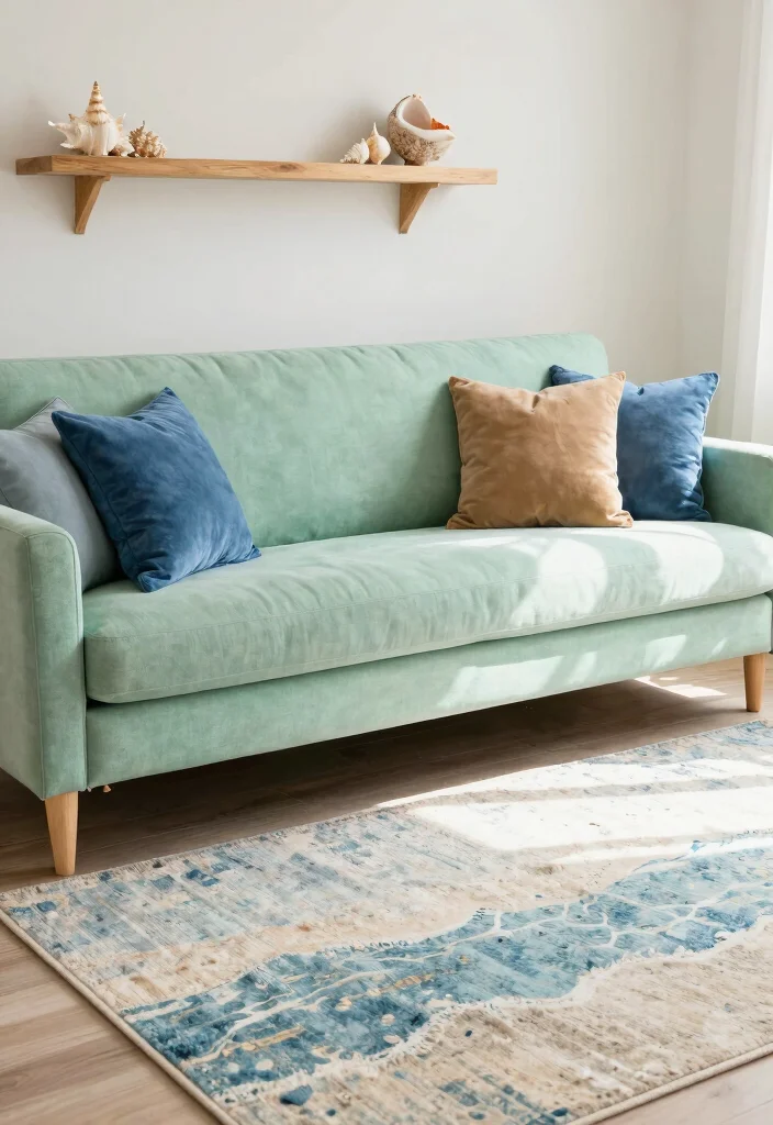 17 Green Couch Rug Ideas That Match Perfectly - 11. Coastal Inspired 1
