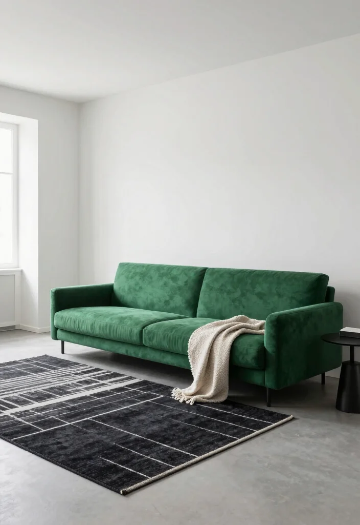17 Green Couch Rug Ideas That Match Perfectly - 12. Minimalist Black-White & Green 1