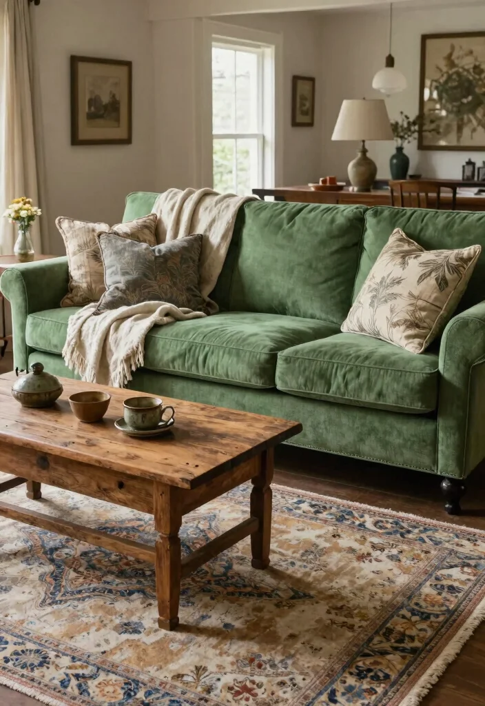 17 Green Couch Rug Ideas That Match Perfectly - 13. Rustic Farmhouse Charm 1