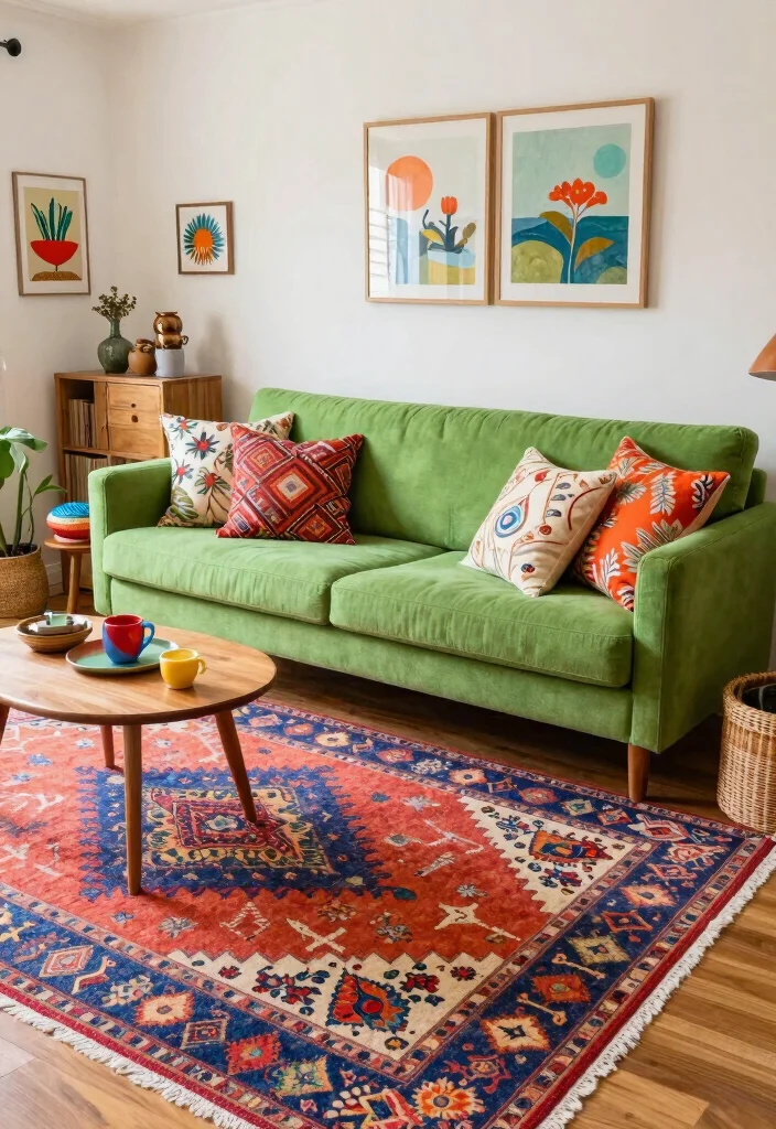 17 Green Couch Rug Ideas That Match Perfectly - 14. Colorful Bohemian Vibes 1