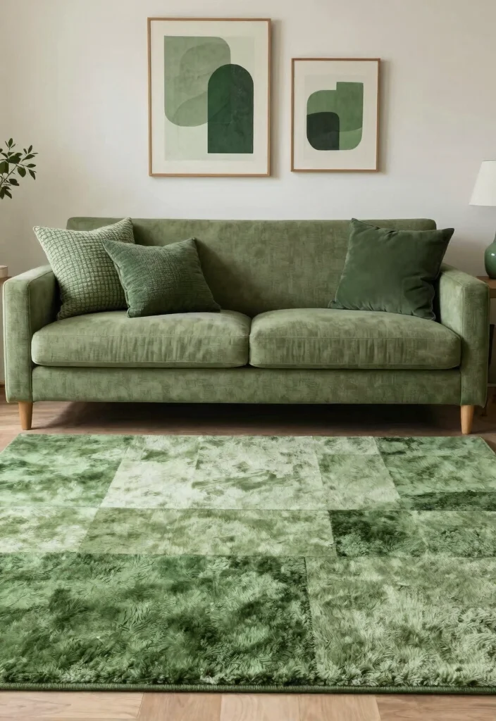 17 Green Couch Rug Ideas That Match Perfectly - 15. Monochrome Greens 1
