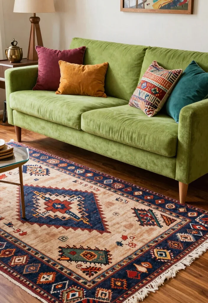 17 Green Couch Rug Ideas That Match Perfectly - 17. Ethnic Textures 1
