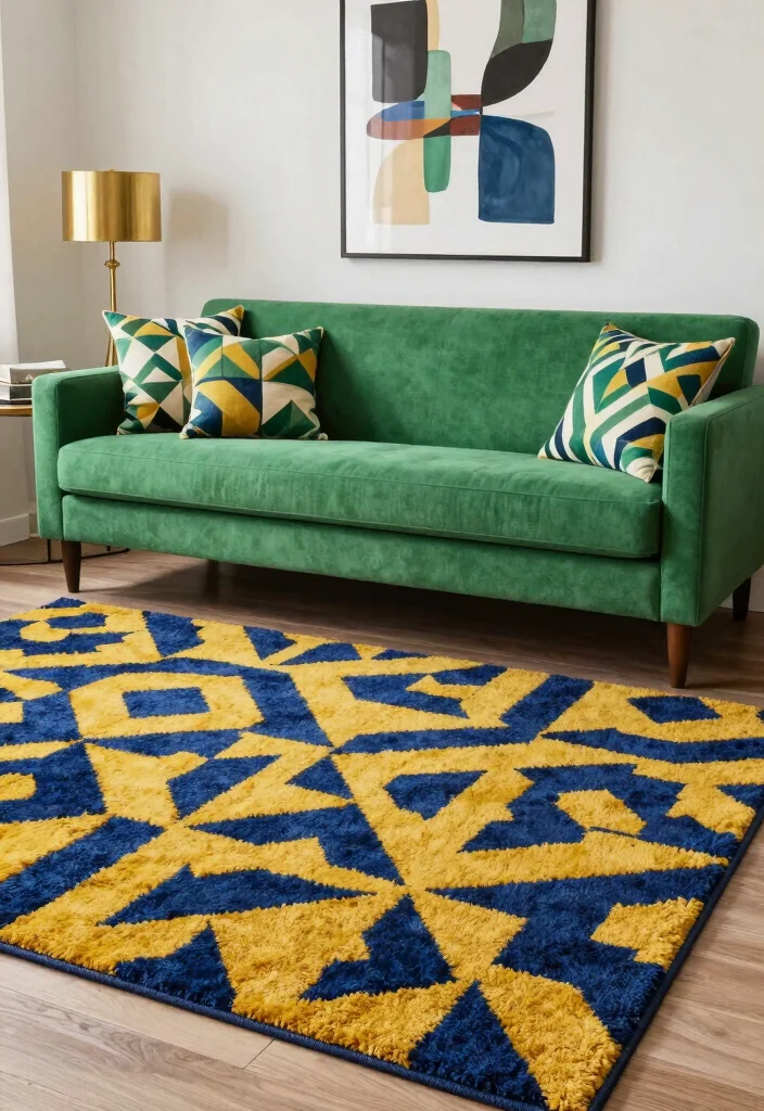 17 Green Couch Rug Ideas That Match Perfectly - 3. Vibrant Geometric Patterns 1