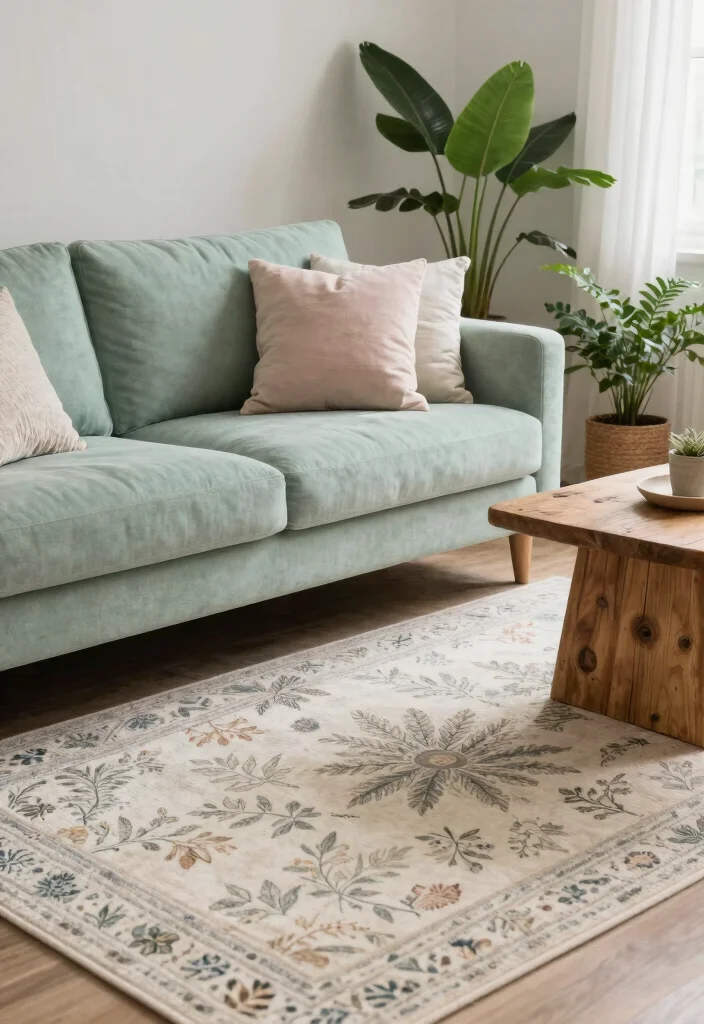 17 Green Couch Rug Ideas That Match Perfectly - 4. Muted Botanical Prints 1