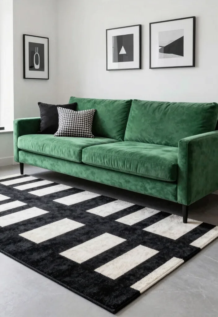 17 Green Couch Rug Ideas That Match Perfectly - 5. Classic Black and White 1