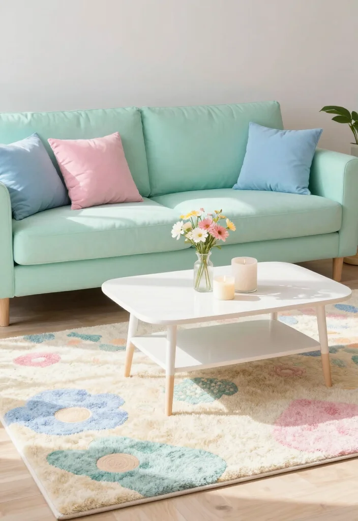 17 Green Couch Rug Ideas That Match Perfectly - 6. Playful Pastels 1