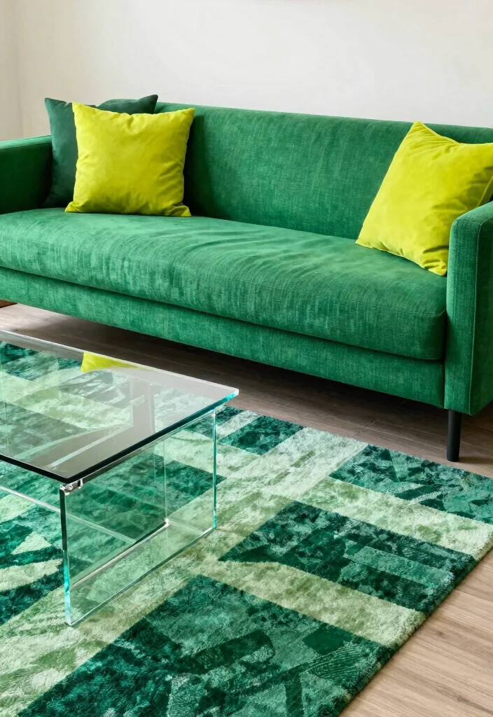 17 Green Couch Rug Ideas That Match Perfectly - 9. Stylish Graphic Prints 1