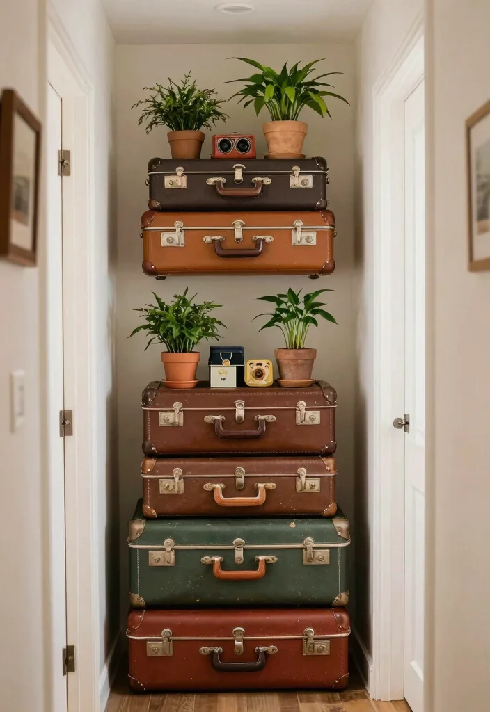 17 Hallway Shelf Ideas That Maximize Narrow Spaces 25 17 Hallway Shelf Ideas That Maximize Narrow Spaces - 5. Vintage Suitcase Shelves for Unique Flair 1