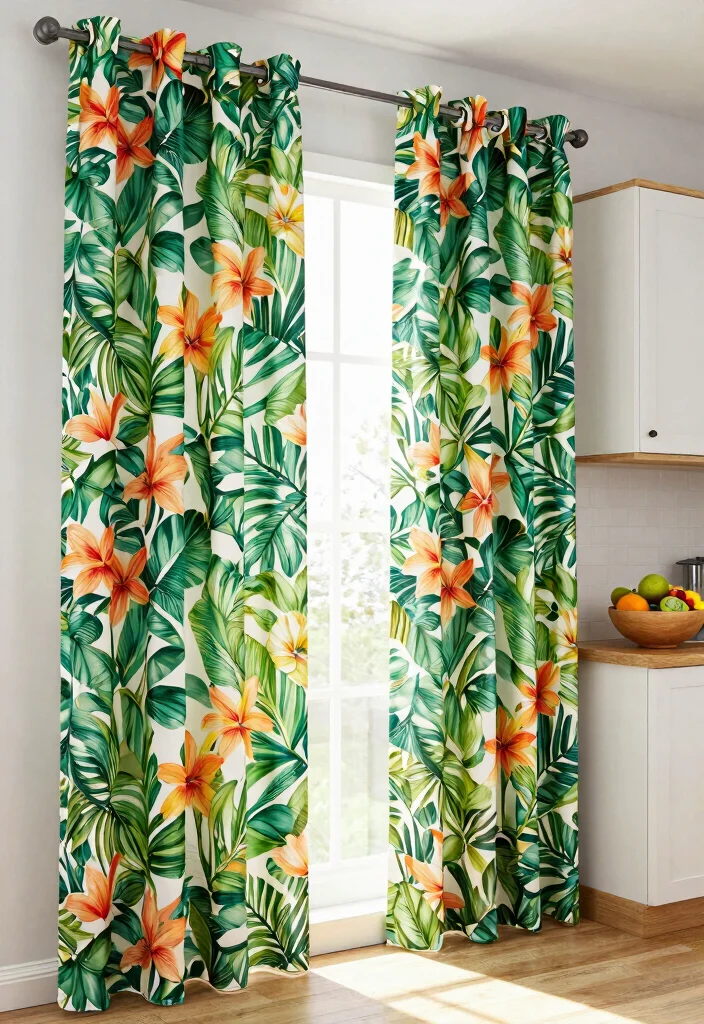 17 Kitchen Curtains Modern Ideas That Stay Stylish - 14. Tropical Prints for a Fresh Look 1