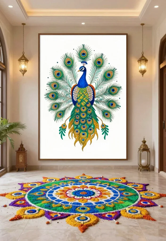 17 Poster Rangoli Designs for Diwali Ideas That Shine Bright 4 17 Poster Rangoli Designs for Diwali Ideas That Shine Bright - 4. Vibrant Peacock Design 1