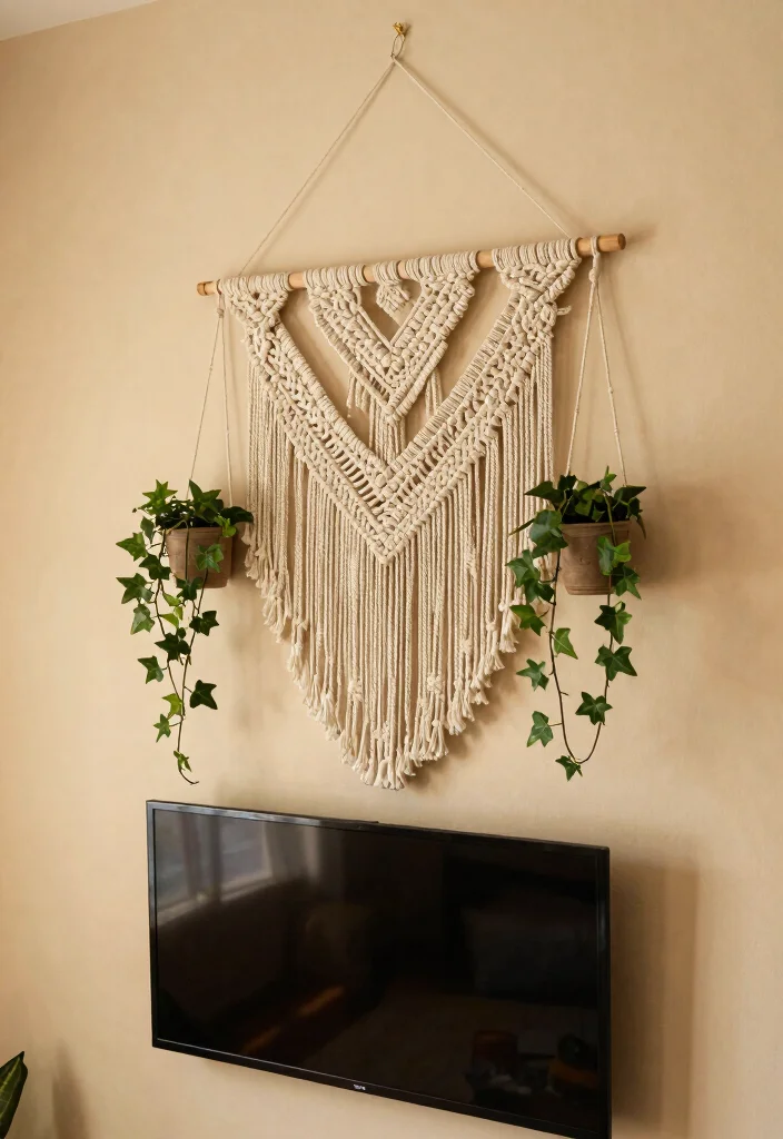 18 Boho TV Wall Decor Ideas With Cozy Vibes - 1. Macramé Magic 1