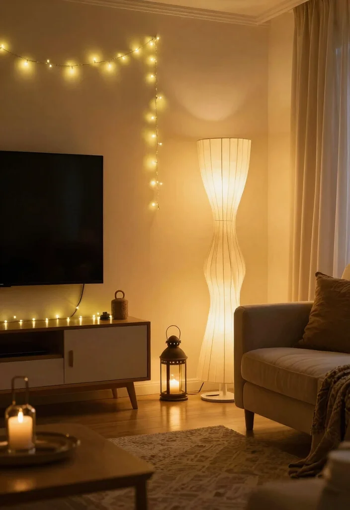 18 Boho TV Wall Decor Ideas With Cozy Vibes - 10. Creative Lighting Options 1