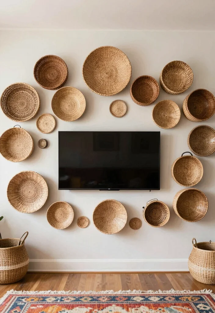 18 Boho TV Wall Decor Ideas With Cozy Vibes - 11. Woven Wall Baskets 1