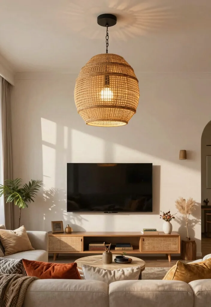 18 Boho TV Wall Decor Ideas With Cozy Vibes - 14. Statement Lighting Fixtures 1