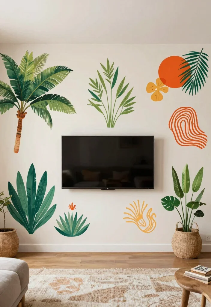18 Boho TV Wall Decor Ideas With Cozy Vibes - 15. Artistic Wall Decals 1