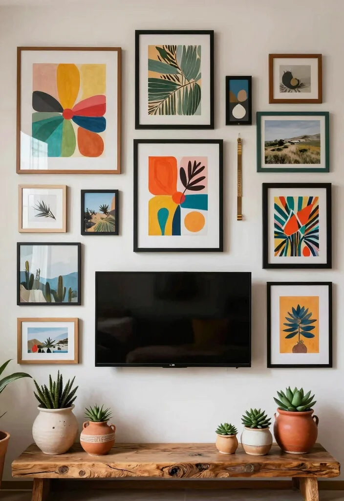 18 Boho TV Wall Decor Ideas With Cozy Vibes - 2. Gallery Wall of Eclectic Art 1