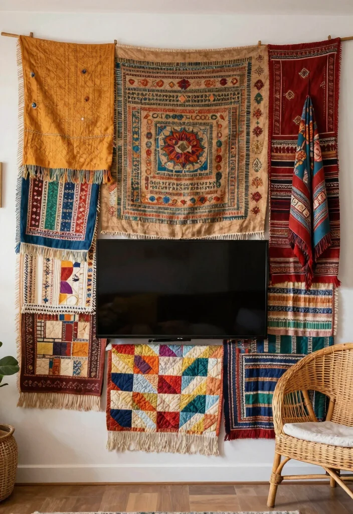 18 Boho TV Wall Decor Ideas With Cozy Vibes - 5. Layered Textiles 1