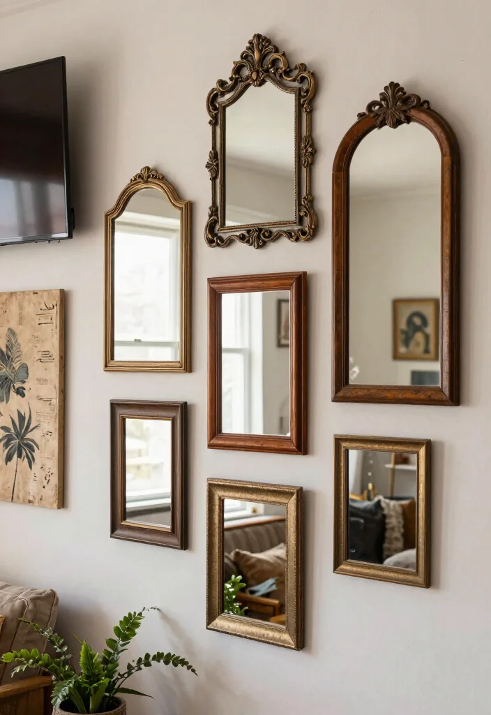 18 Boho TV Wall Decor Ideas With Cozy Vibes - 7. Vintage Mirror Magic 1