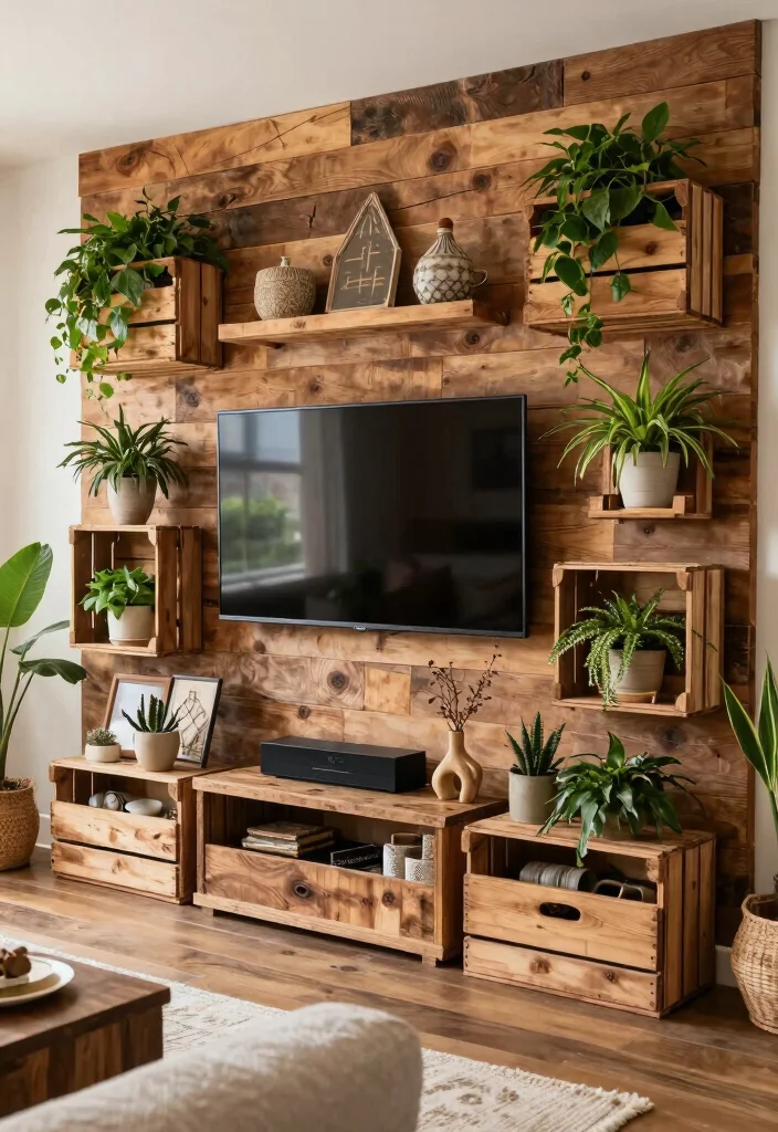 18 Boho TV Wall Decor Ideas With Cozy Vibes - 8. Rustic Wood Accents 1