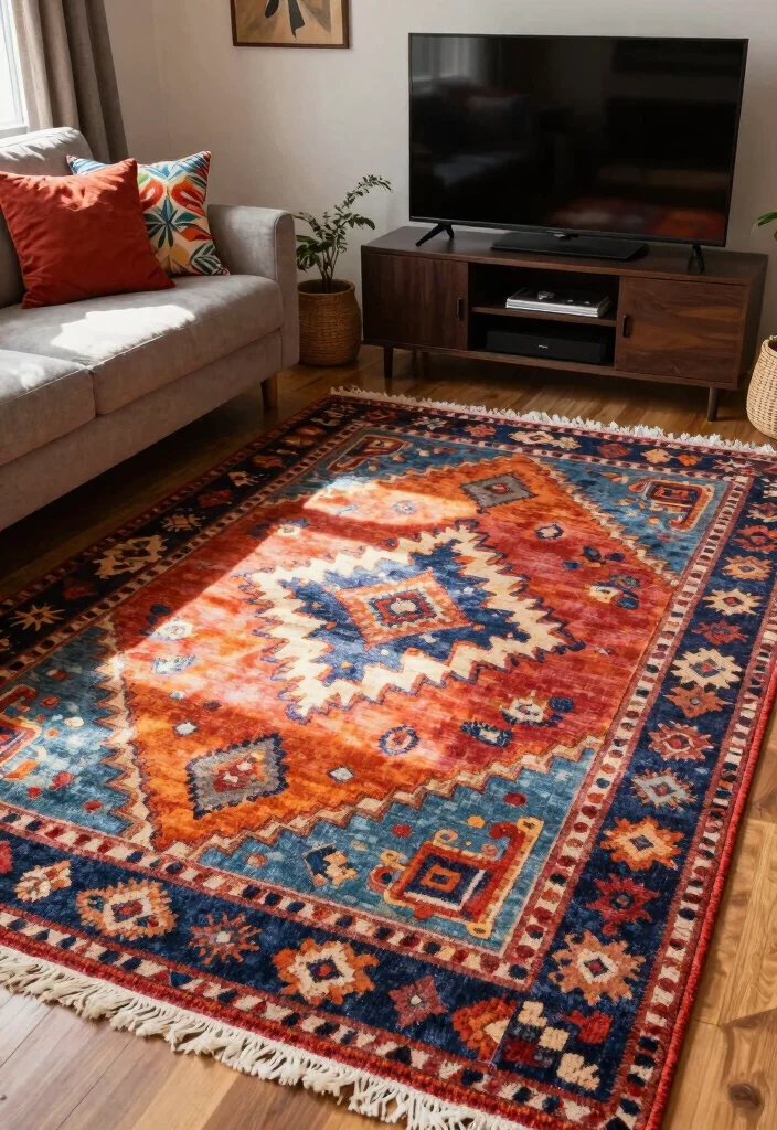 18 Boho TV Wall Decor Ideas With Cozy Vibes - 9. Colorful Bohemian Rugs 1