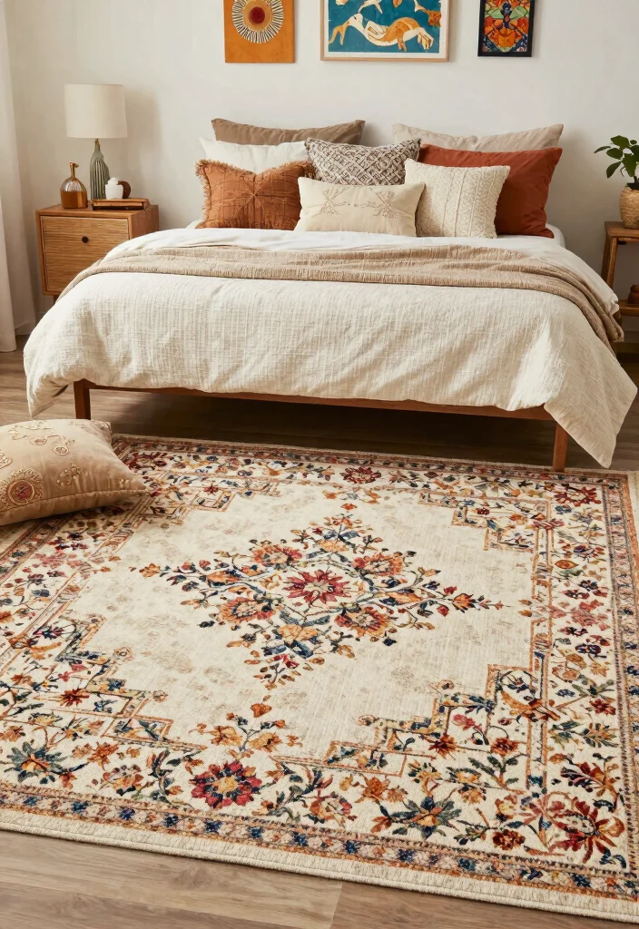 18 Colorful Rug Bedroom Ideas That Pop Beautifully 1 18 Colorful Rug Bedroom Ideas That Pop Beautifully - 1. Eclectic Layering with Bold Patterns 1