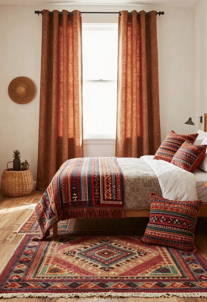 18 Colorful Rug Bedroom Ideas That Pop Beautifully 40 18 Colorful Rug Bedroom Ideas That Pop Beautifully - 10. Boho-Chic Patterns in Textiles 1