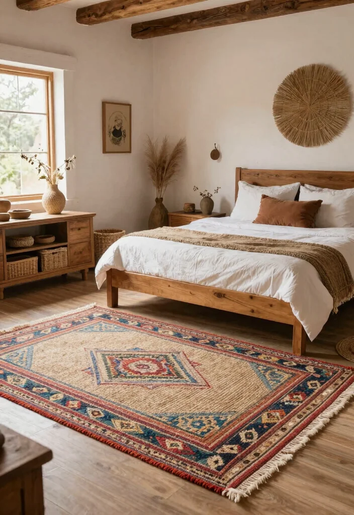 18 Colorful Rug Bedroom Ideas That Pop Beautifully 67 18 Colorful Rug Bedroom Ideas That Pop Beautifully - 17. Rustic Elements with Colorful Rugs 1