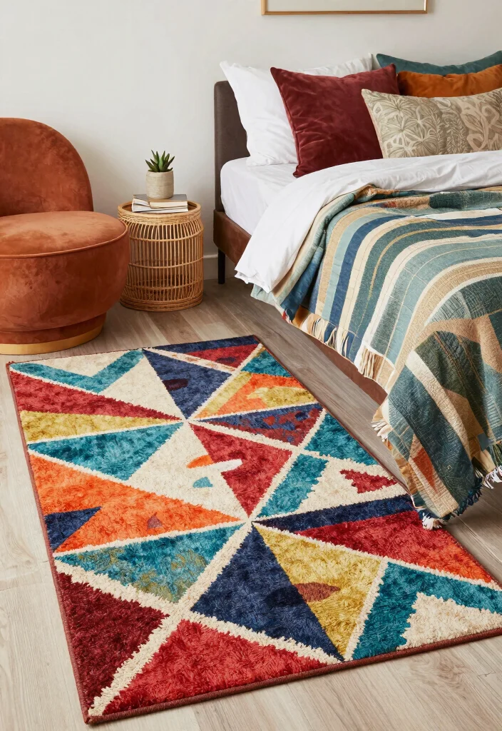 18 Colorful Rug Bedroom Ideas That Pop Beautifully 6 18 Colorful Rug Bedroom Ideas That Pop Beautifully - 6. Geometric Designs for Modern Flair 1
