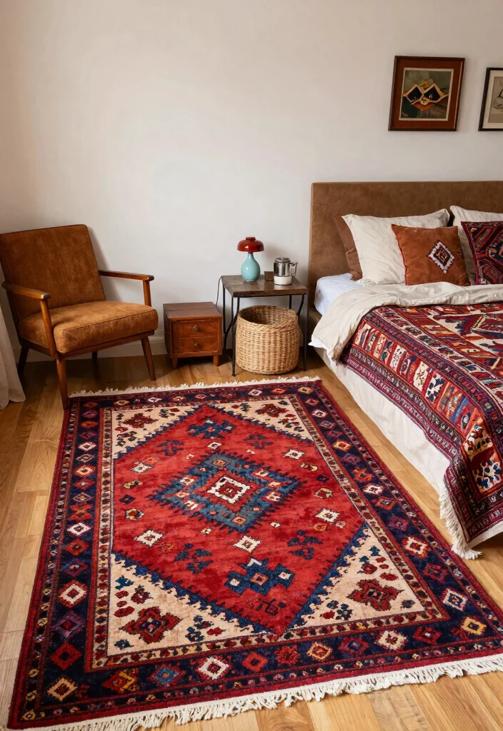 18 Colorful Rug Bedroom Ideas That Pop Beautifully 17 18 Colorful Rug Bedroom Ideas That Pop Beautifully - 7. Bohemian Kilim Rugs for Authentic Charm 1