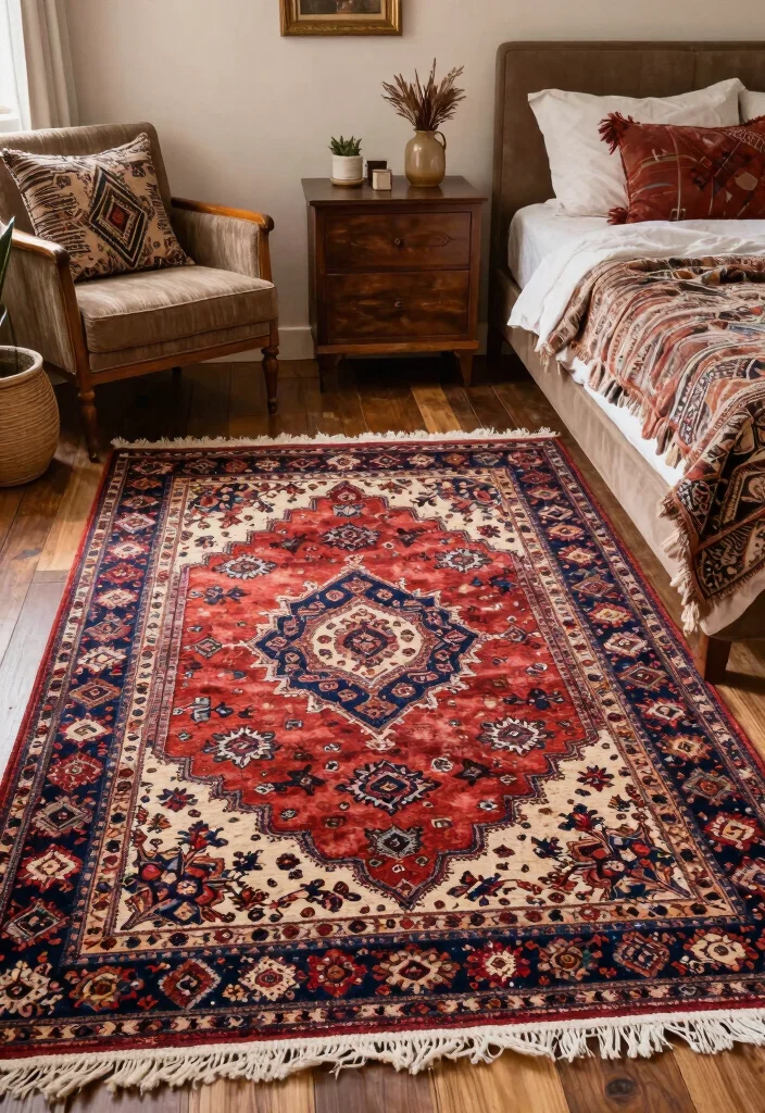 18 Colorful Rug Bedroom Ideas That Pop Beautifully 39 18 Colorful Rug Bedroom Ideas That Pop Beautifully - 9. Vintage Rugs for Timeless Style 1