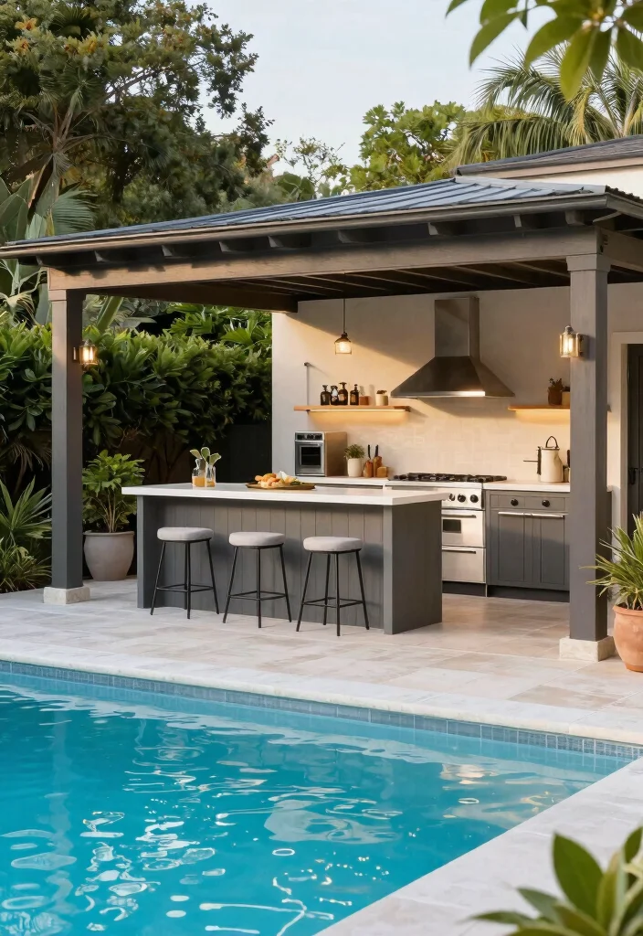 18 Pool With Sun Shelf Ideas for a Resort Style Backyard - 12. Outdoor Kitchen Integration 1