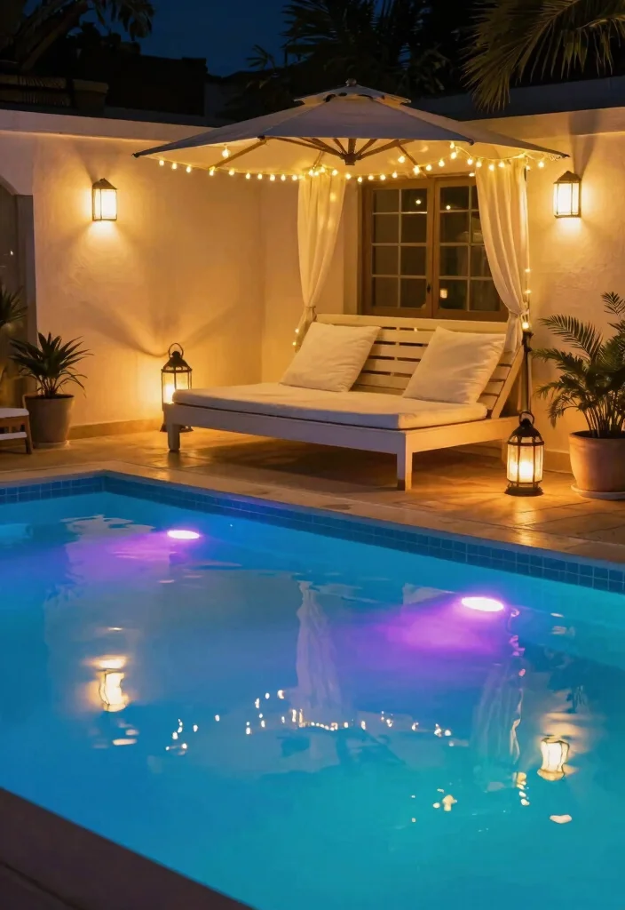 18 Pool With Sun Shelf Ideas for a Resort Style Backyard - 13. Artistic Lighting Options 1