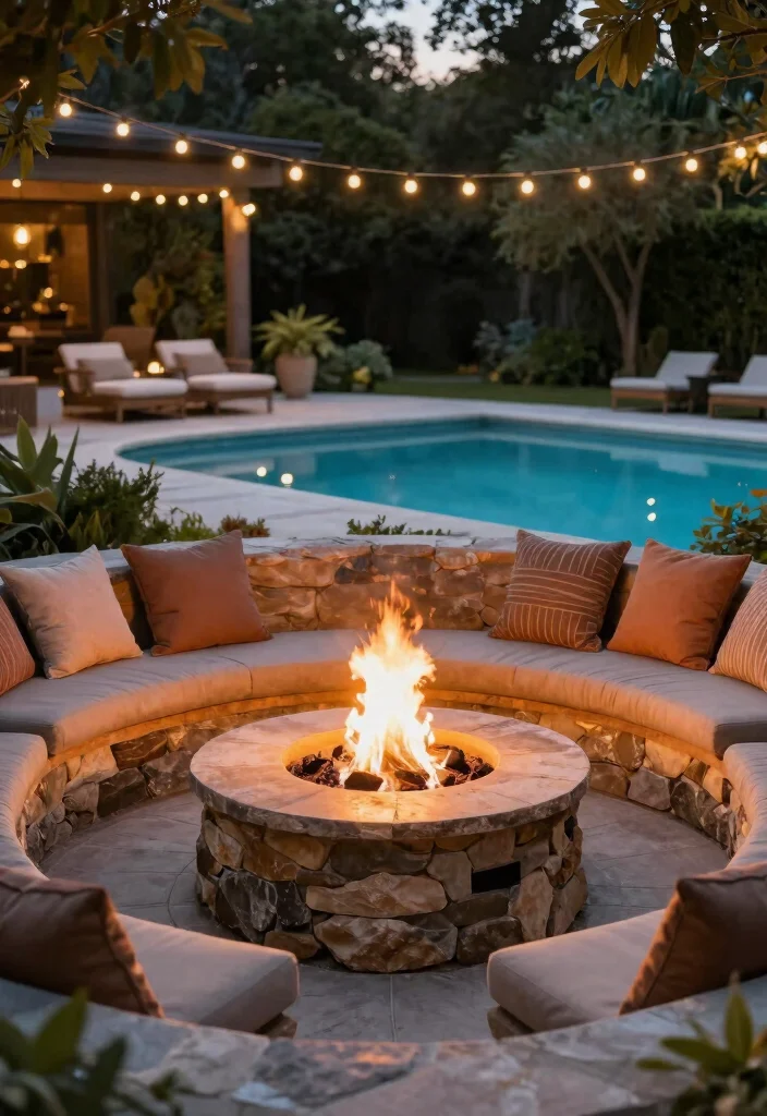 18 Pool With Sun Shelf Ideas for a Resort Style Backyard - 3. Cozy Fire Pit Integration 1