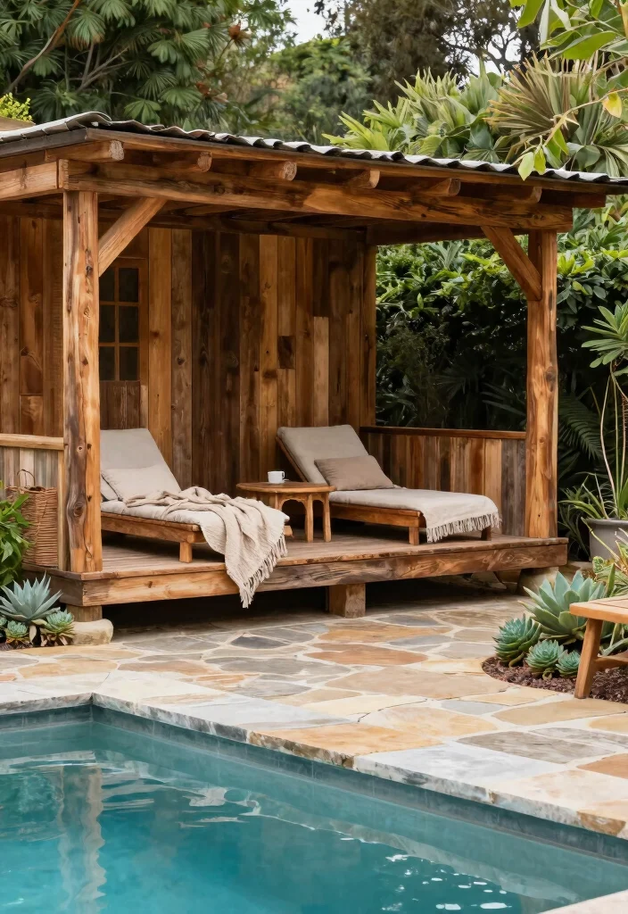 18 Pool With Sun Shelf Ideas for a Resort Style Backyard - 4. Rustic Wood Accents 1