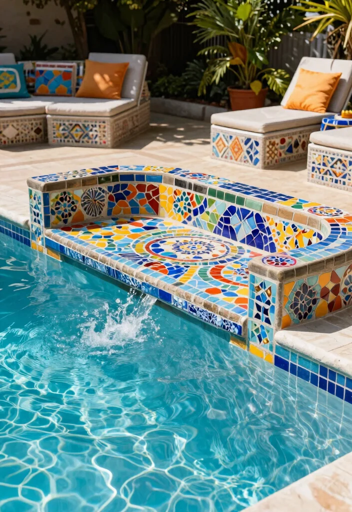 18 Pool With Sun Shelf Ideas for a Resort Style Backyard - 8. Colorful Mosaic Tiles 1