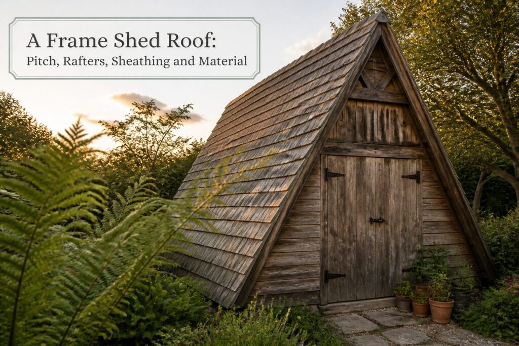A-frame shed roof with a steep pitch and wooden frame.