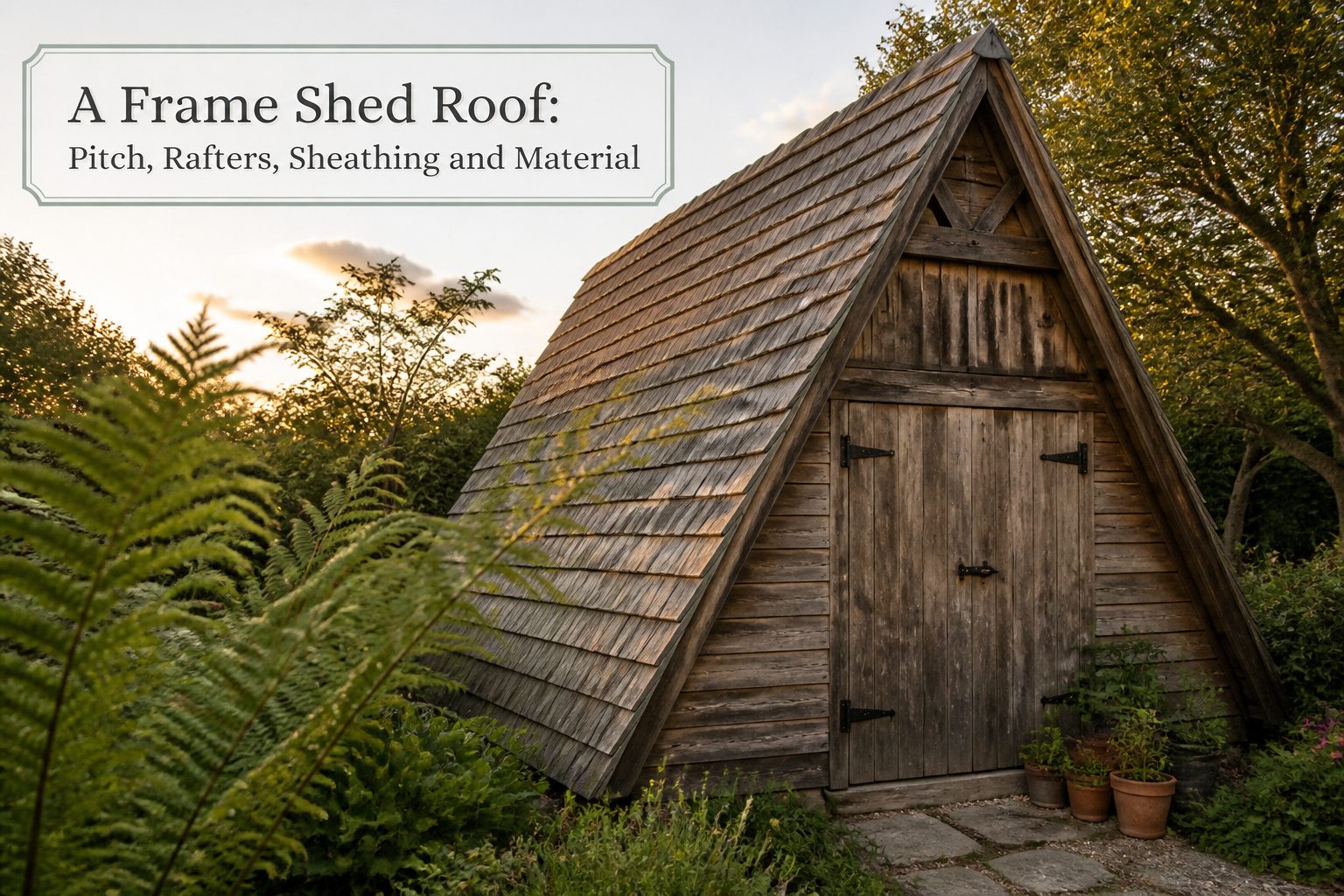 A-frame shed roof with a steep pitch and wooden frame.